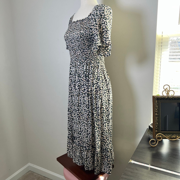 Midi Dress Daisy Floral Cottage Prairie Boho Dark Fairy Milkmaid Peasant Ruffle - Picture 3 of 11